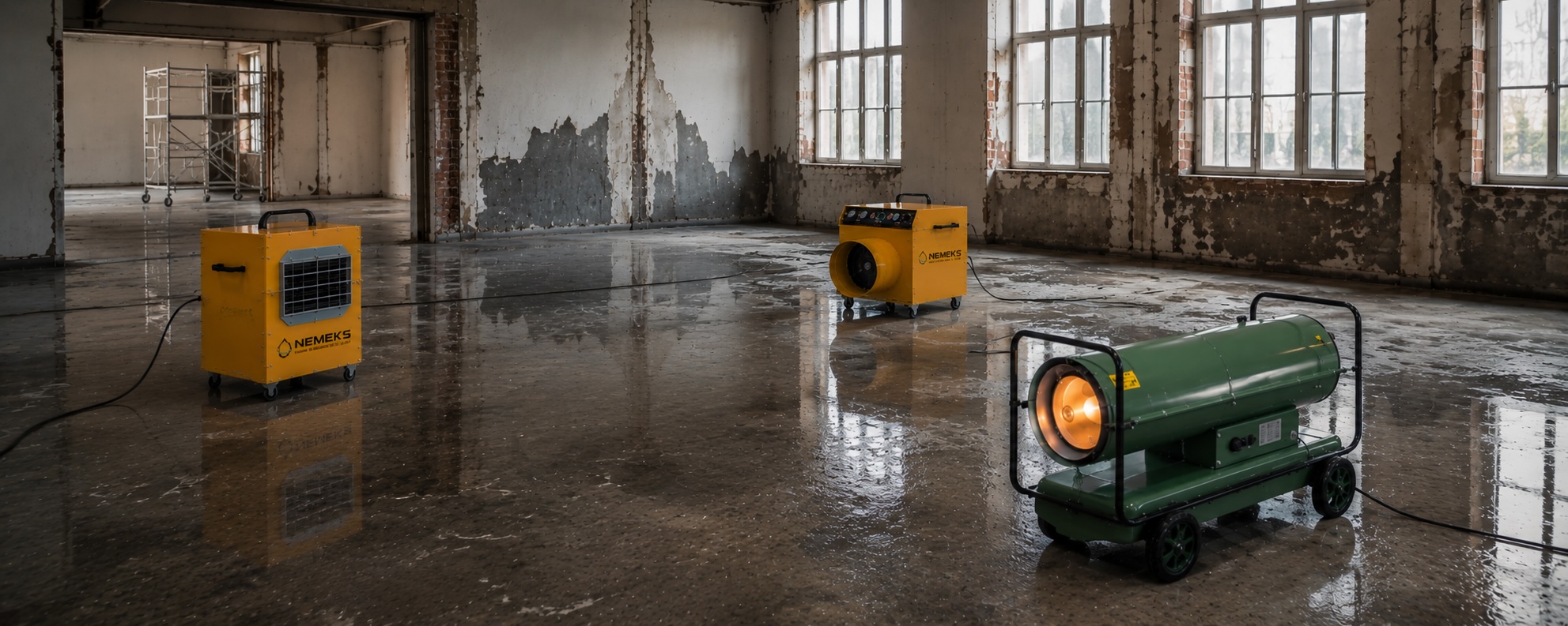 Restorasyon çalışması yapılan bir binada nemli beton zeminde çalışan sarı elektrikli fanlı ısıtıcı, sarı elektrikli ısıtıcı ve yeşil mazotlu ısıtıcı